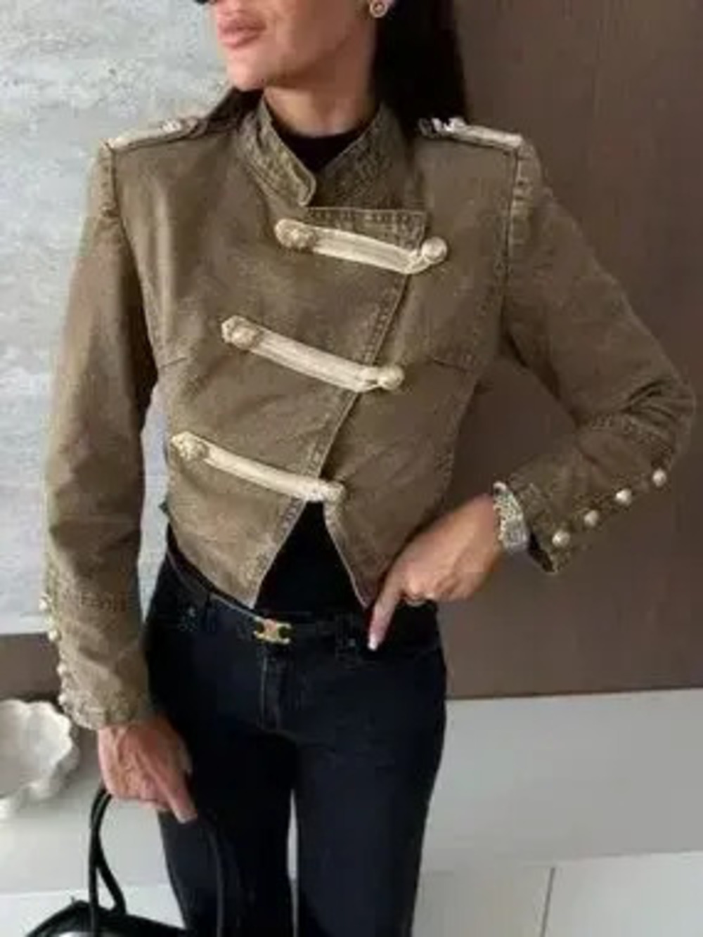 Button Detail Cropped Denim Jacket - Picture 2 of 4